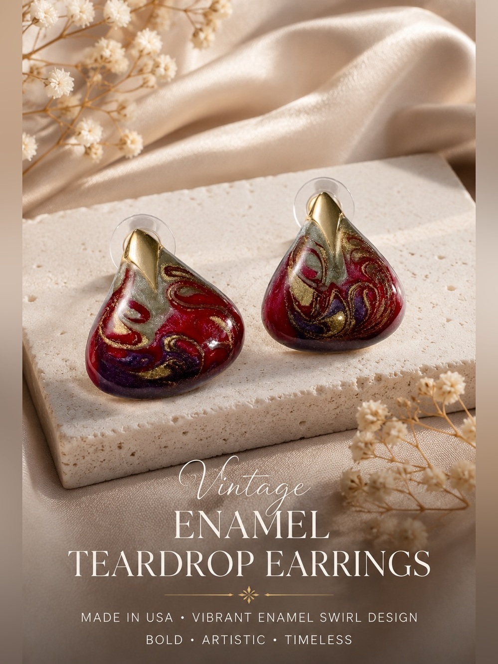 Vtg Made in USA Enamel Teardrop Earrings Red Purple Gold Abstract Swirl Studs